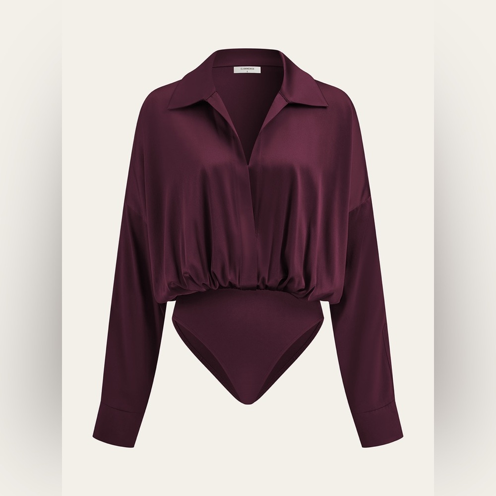 Commense Satin Collared Long Sleeve Bodysuit – Burgundy – Size L – NWT